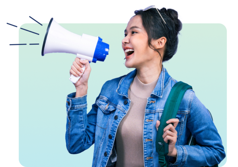 Woman with megaphone announcing